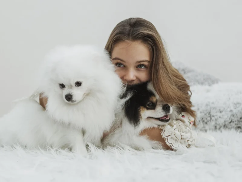 girl-cute-white-pups-sitting-bed